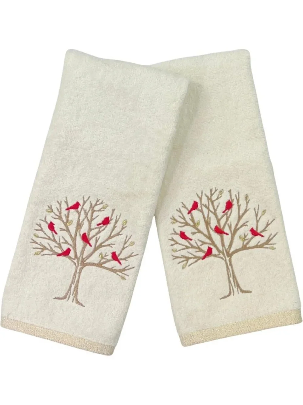 Embroidered Cardinal Hand Towels Set of 2 - Fall Tree Design, 100% Cotton, Ivory
